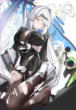 2girls absurdres ahoge arm_under_breasts belle_(zenless_zone_zero) black_jacket breasts chromatic_aberration closed_mouth commentary_request defeat ethereal_(zenless_zone_zero) hair_ornament highres holding_own_arm imagining jacket kneeling large_breasts looking_down miniskirt multiple_girls no_shoes official_alternate_costume one_eye_closed pantyhose skirt solo solo_focus torn_clothes torn_pantyhose voi_271 white_skirt yellow_eyes yixuan_(trails_of_ink)_(zenless_zone_zero) yixuan_(zenless_zone_zero) zenless_zone_zero