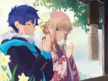 Rule 34 | 1boy, 1girl, asanaka yomogi, black jacket, blue hair, blush, brown hair, closed eyes, closed mouth, couple, flower, green eyes, gridman universe, gridman universe (movie), hair ornament, hairclip, hetero, hood, hoodie, jacket, japanese clothes, kimono, long hair, long sleeves, loup, minami yume, new year, one eye closed, own hands together, pleated skirt, praying, scar, scar on hand, shirt, short hair, skirt, ssss.dynazenon, upper body