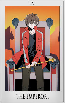 1boy brown_hair card_(medium) collarbone collared_jacket commentary english_text highres horns jacket kagerou_project kisaragi_shintarou male_focus mazumaro red_hair red_jacket roman_numeral scepter sheep_horns solo standing striped_clothes striped_jacket tarot tarot_(medium) text_focus the_emperor_(tarot) throne track_jacket