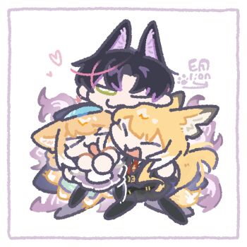 >_< 2girls animal_ears arknights black_hair blonde_hair chinese_commentary closed_eyes commentary_request e-lion_yi family father_and_daughter fox_ears fox_girl fox_tail green_eyes group_hug highres hug husband_and_wife kitsune kyuubi mother_and_daughter multicolored_hair multiple_girls multiple_tails one_eye_closed open_mouth pink_hair streaked_hair suzuran's_father_(arknights) suzuran_(arknights) tail two-tone_hair vulpisfoglia_(arknights)