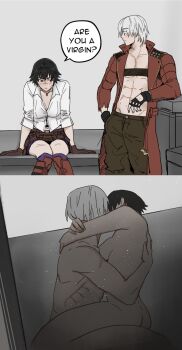 1boy 1girl ass black_gloves black_hair blush breasts coat completely_nude dante_(devil_may_cry) devil_may_cry devil_may_cry_(series) devil_may_cry_3 gloves highres jumpoon lady_(devil_may_cry) no_shirt nude pants red_coat reference scar scar_on_face scar_on_leg scar_on_nose sex shirt sitting speech_bubble straddling tokyo_ghoul upright_straddle white_hair white_shirt