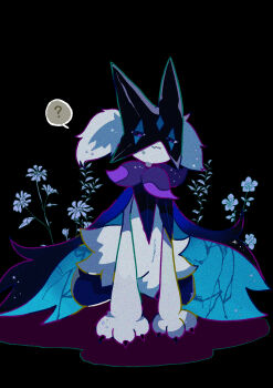 1other :3 ? absurdres alternate_color animal_hands arm_support black_background black_fur blue_flower body_fur claws closed_mouth flower full_body furry grey_fur grey_hair half-closed_eyes happy highres leaning_forward looking_at_viewer mendako_(tyatyaumai29) meowscarada nintendo other_focus pokemon pokemon_(creature) purple_eyes shiny_pokemon short_hair smile solo speech_bubble spoken_question_mark sweat two-tone_fur