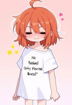 1boy 1girl :3 =_= absurdres age_difference ahoge ai-assisted blush bob_cut bottomless child closed_eyes covered_mouth crossed_bangs english_text eyebrows_hidden_by_hair female_focus flat_chest freckles hair_between_eyes heart highres hina_kurosawa loli meme messy_hair off_shoulder orange_hair original outline oversized_clothes pink_background pun self-upload shirt short_hair simple_background standing star_(symbol) thighs white_outline