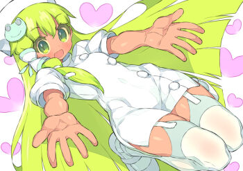 Rule 34 | blunt ends, blush, buttons, coat, colored eyelashes, commentary request, dress shoes, dutch angle, foreshortening, full body, garter straps, green eyes, green hair, green pupils, hair between eyes, hair tubes, hat, heart, heart background, itsumo nokoru, kochiya sanae, legs together, long hair, long single sidelock, looking at viewer, mary janes, midair, nurse, open hands, open mouth, outstretched arms, outstretched hand, puffy short sleeves, puffy sleeves, see-through clothes, see-through thighhighs, shoes, short sleeves, simple background, single hair tube, single sidelock, sleeve cuffs, sword world, sword world 2.0, thighhighs, touhou, very long hair, white coat, white garter straps, white hat, white thighhighs