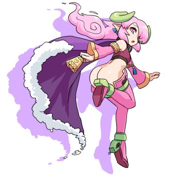 1girl ass bell boots bottomless breasts cape character_request commentary_request commission detached_sleeves drop_shadow earrings from_behind fur-trimmed_cape fur_trim hair_over_one_eye highres holding holding_bell horns indoors jewelry long_hair long_sleeves muu_(mumumer) original parted_lips pink_boots pink_sleeves pointy_ears purple_cape red_eyes simple_background skeb_commission small_breasts solo thigh_boots very_long_hair white_background