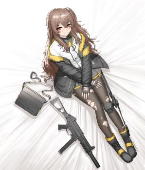 1girl 404_logo_(girls'_frontline) absurdres armband bag bed_sheet black_shoes brown_hair cheogtanbyeong commentary_request fingerless_gloves from_above full_body girls'_frontline gloves gun h&amp;k_ump handbag hands_on_lap highres jacket jacket_partially_removed korean_commentary long_hair looking_at_viewer on_bed one_side_up pantyhose scar scar_across_eye scar_on_face shoes smile solo submachine_gun torn_clothes torn_pantyhose ump45_(girls'_frontline) weapon yellow_armband yellow_eyes