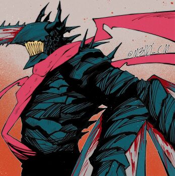 1boy absurdres blood bloody_weapon chainsaw chainsaw_devil chainsaw_man demon_boy highres horns m3ll0_cm male_focus profile red_scarf scarf sharp_teeth shoulder_spikes sketch solo spikes teeth twitter_username upper_body weapon