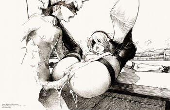 1boy 1girl 2b_(nier:automata) 9s_(nier:automata) ale_(ale_halexxx) android ass bad_id bad_twitter_id blindfold boots breasts breasts_apart choker commentary covered_eyes cum cum_in_pussy cumdrip elbow_gloves english_commentary erection folded fucked_silly gloves greyscale heavy_breathing hetero high_heel_boots high_heels large_penis legs_up lying medium_breasts mole mole_under_mouth monochrome nier:automata nier_(series) nipples nude on_back open_mouth penis pussy sex shota sketch thigh_boots thighhighs thighhighs_under_boots uncensored vaginal