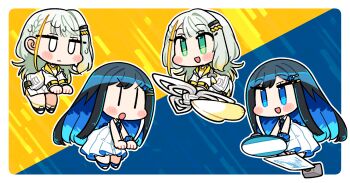 2girls :d :o bare_shoulders black_hair black_shoes blank_eyes blonde_streaks blue_background blue_hair blush_stickers border cevio closed_mouth collared_dress colored_inner_hair commentary_request dress full_body futaba_minato grey_hair highres ini_(inunabe00) jacket jitome long_hair multicolored_hair multiple_girls multiple_views open_mouth outline outside_border shoes sitting skirt sleeveless sleeveless_dress smile socks streaked_hair tsunose_kotone two-tone_background two-tone_hair v-shaped_eyebrows vocaloid voiceroid white_border white_dress white_jacket white_outline white_skirt yellow_background yellow_socks |_|