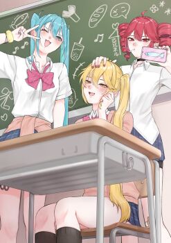3girls ahoge akita_neru aqua_eyes aqua_hair black_choker black_socks blonde_hair blue_skirt blush bow bowtie brown_cardigan cardigan cardigan_around_waist chalkboard choker clothes_around_waist drill_hair earrings hand_on_another&#039;s_head hand_up hatsune_miku highres jewelry kasane_teto lollipop_in_mouth long_hair looking_at_viewer loose_bowtie multiple_girls open_mouth pink_bow pleated_skirt red_eyes red_hair sango0707315 scrunchie shirt shirt_tucked_in short_sleeves side_ponytail sitting skirt smile socks triple_baka_(vocaloid) twin_drills twintails utau v very_long_hair vocaloid white_shirt wrist_scrunchie yellow_eyes zako_(vocaloid)