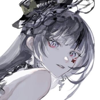 1girl bare_shoulders black_hat earrings eyeliner fascinator from_behind grey_eyes grey_hair hat jewelry lilith:_daemonissa_(fatal_temptation)_(pgr) lilith_(pgr) looking_at_viewer looking_back makeup mini_hat parted_lips pearl_hat_ornament punishing:_gray_raven red_eyeliner ringed_eyes silver_earrings simple_background solo sticker sticker_on_face upper_body white_background zhnjicis1676071