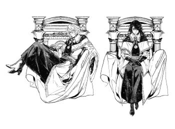 1girl 1other absurdres bloodborne brooch chain_belt character_request chinese_commentary collared_robe commentary cross-laced_clothes cross-laced_sleeves gender_request glasgow_smile gloves greyscale highres jewelry kalianabokalisi laurence_the_first_vicar_(human) male_focus medallion monochrome monocle neck_ribbon ribbon robe sash sitting