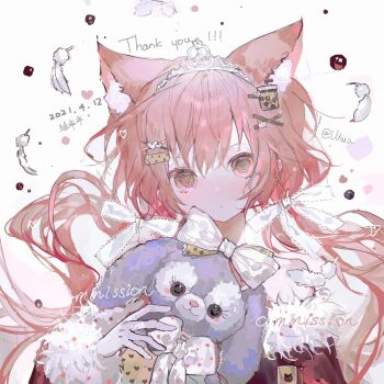 1girl animal_ear_fluff animal_ears bow brown_eyes brown_hair cat_ears cat_girl chinese_commentary closed_mouth commentary_request commission dated english_text expressionless feathers fur-trimmed_sleeves fur_trim hair_ornament hair_ribbon heart heart_hair_ornament highres holding holding_stuffed_toy jacket long_hair long_sleeves off_shoulder original portrait red_jacket ribbon solo stuffed_animal stuffed_rabbit stuffed_toy thank_you twintails vihua6 watermark white_bow white_ribbon x_hair_ornament