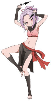 1girl black_scarf commentary_request crop_top full_body grin hands_up highres holding holding_kunai holding_weapon kunai kunoichi_tsubaki_no_mune_no_uchi leg_up midriff navel ninja purple_hair red_eyes ringed_eyes riokasen sazanka_(kunoichi_tsubaki_no_mune_no_uchi) scarf simple_background sleeveless smile solo stirrup_footwear weapon white_background