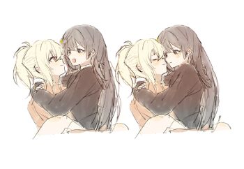 Rule 34 | 2girls, arms around neck, black hair, black shirt, blonde hair, blush, brown eyes, closed eyes, closed mouth, commentary request, djdididkl, hug, long hair, love live!, love live! nijigasaki high school idol club, miyashita ai, multiple girls, open mouth, orange eyes, orange shirt, ponytail, shirt, smile, yuki setsuna, yuri