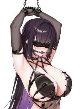 1girl absurdres armpits arms_up ball_gag bdsm black_gloves black_hair blindfold bondage bound breasts chain colored_inner_hair elbow_gloves gag gloves goddess_of_victory:_nikke highres kai_si_(hscn5578) large_breasts mihara_(bonding_chain)_(nikke) mihara_(nikke) multicolored_hair official_alternate_costume purple_hair restrained see-through_clothes simple_background solo two-tone_hair upper_body white_background