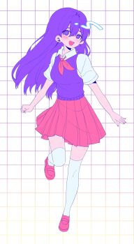 1girl blush breasts bright_pupils collared_shirt double-parted_bangs full_body hair_between_eyes highres long_hair looking_at_viewer mari_(headspace)_(omori) mari_(omori) my_loleeta neckerchief omori open_mouth purple_eyes purple_hair purple_sweater_vest red_neckerchief red_shoes red_skirt shirt shoes short_sleeves skirt small_breasts smile solo sweater_vest thighhighs white_pupils white_shirt white_thighhighs