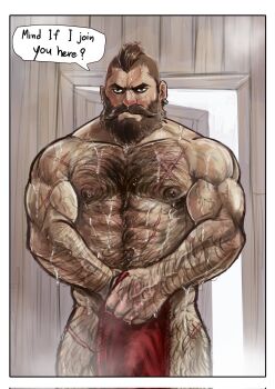 1boy amsokyo arcane:_league_of_legends bara beard blush brown_hair character_request covering_crotch covering_privates english_text facial_hair full_beard hairy highres large_pectorals league_of_legends looking_at_viewer male_focus mature_male muscular muscular_male mustache nipples nude_cover own_hands_together pectorals sauna shy solo strongman_waist thick_arm_hair thick_beard thick_chest_hair thick_eyebrows thick_leg_hair thick_mustache thick_navel_hair very_hairy