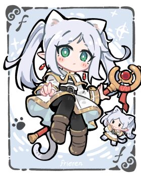 :3 absurdres animal_ears belt black_pantyhose blush_stickers boots brown_boots capelet cat_ears cat_tail character_name chibi chibi_inset chinese_commentary commentary_request earrings elf extra_ears floating_earrings frieren full_body green_eyes grey_hair highres holding holding_staff index_7665 jewelry long_sleeves mage_staff pantyhose parted_bangs paw_print pointy_ears solid_oval_eyes sousou_no_frieren staff striped_clothes tail teardrop_earrings twintails white_capelet