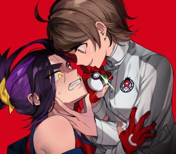 1boy 1girl ahoge brown_eyes brown_hair buttons clenched_teeth commentary_request friend_ball glint gloves grin hayochi holding holding_poke_ball jacket juliana_(pokemon) kieran_(pokemon) looking_at_another nintendo partially_fingerless_gloves poke_ball pokemon pokemon_sv purple_hair red_gloves red_shirt shirt sleeveless sleeveless_shirt smile sweatdrop teeth yellow_eyes