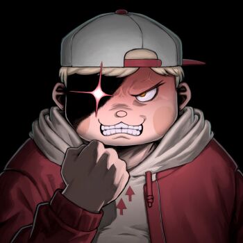 Rule 34 | 1boy, :3, angry, backwards hat, batten xxxx, black background, blonde hair, clenched hand, clenched teeth, daimon manami, drawstring, furrowed brow, hashtag-only commentary, hat, highres, hood, hoodie, jacket, long sleeves, looking at viewer, male focus, orange eyes, partially shaded face, realistic teeth, red jacket, short hair, simple background, solo, teeth, tribe nine, upper body, veiny face, white hat, white hoodie