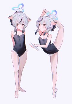1girl athletic_leotard ballerina ballet ballet_class_clothes ballet_slippers barre black_leotard blue_archive blush breasts brown_eyes commentary_request covered_navel en_pointe female_focus flexible frilled_leotard frills full_body fymrie grey_background grey_hair hair_bun halo highres holding_leg kneepits kokona_(blue_archive) leg_hold leg_lift leg_up legs leotard loli long_hair multicolored_hair multiple_views pantyhose pink_pantyhose pink_shoes shoes simple_background small_breasts split standing standing_on_one_leg standing_split streaked_hair thighs tiptoes white_background