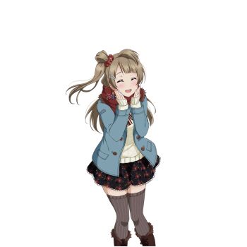 1girl ^_^ blue_jacket blunt_bangs blush boots brooch brown_boots brown_hair brown_thighhighs closed_eyes enpera feet_out_of_frame floral_print floral_print_skirt flower_brooch fur-trimmed_boots fur-trimmed_jacket fur_trim hair_ornament hair_scrunchie hairpin hands_on_own_cheeks hands_on_own_face jacket jewelry knit_sweater lace-up_boots layered_clothes long_hair long_sleeves love_live! love_live!_school_idol_festival love_live!_school_idol_project minami_kotori official_alternate_costume official_art one_side_up open_clothes open_jacket parted_bangs print_skirt red_scarf red_scrunchie scarf scrunchie skirt sleeves_past_wrists standing striped_clothes striped_thighhighs sweater teeth thighhighs transparent_background upper_teeth_only vertical-striped_clothes vertical-striped_thighhighs white_day_(love_live!) white_sweater