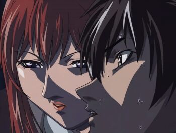 00s 1boy 1girl 2002 animated animated_gif anime_screenshot bible_black bible_black_night_of_the_walpulgiss bow healing jacket lipstick long_hair makeup mature_female minase_taki purple_eyes purple_jacket red_hair shirt sweat tagme takashiro_hiroko teacher white_shirt yellow_bow