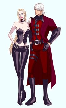 Rule 34 | 1boy, 1girl, blonde hair, blue eyes, breasts, capcom, choker, corset, couple, dante (devil may cry), devil may cry (series), leather, trish (devil may cry)