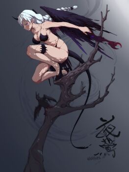1girl bare_arms bare_legs bare_shoulders bare_tree bikini black_bikini black_horns black_shoes black_wings blue_eyes blue_hair blunt_ends braid chinese_text closed_mouth dagger demon demon_girl demon_horns demon_wings expressionless feathered_wings flats floating_hair full_body grey_background hashtag-only_commentary highres honkai_(series) honkai_impact_3rd horns in_tree kallen_kaslana knife liza23rd long_hair looking_at_viewer low-tied_long_hair monsterification pointy_ears pointy_nose shoes single_braid single_horn solo squatting stomach swimsuit thigh_sheath thigh_strap tree weapon wings