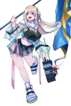 1girl absurdres blonde_hair blue_eyes blue_hair breasts gradient_hair headset highres holding indie_virtual_youtuber long_hair medium_breasts multicolored_hair navel non-web_source open_mouth see-through_clothes see-through_shirt see-through_skirt see-through_sleeves shirt skirt solo source_request swedish_flag todoroki_mushi virtual_youtuber zeta_(vtuber) zeta_(vtuber)_(1st_costume)