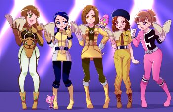 6+girls absurdres animification arm_up armor armored_bodysuit battle_fever_j belt beret black_pantyhose blue_eyes blue_hair blunt_bangs bodysuit boots brown_hair candy chibi chibi_on_shoulder chocolate chocolate_bar contrapposto dekapink food gloves gokai_yellow gold_armor green_eyes hand_on_own_hip hat hayase_kyouko highres index_finger_raised kaizoku_sentai_gokaiger kikai_sentai_zenkaiger kodou_koume kyuukyuu_sentai_gogofive long_hair luka_millfy magine military_uniform multicolored_bodysuit multiple_girls nakahara_keiko necktie one_eye_closed open_mouth pantyhose pink_bodysuit pink_boots pink_eyes ponytail raptor_283 script short_hair short_sleeves side-by-side smile super_sentai thumbs_up tirofinire tokumei_sentai_go-busters tokusatsu tokusou_sentai_dekaranger two-tone_bodysuit uchuu_sentai_kyuuranger usami_youko voice_actor_connection washi_pink white_gloves white_pantyhose yellow_bodysuit yellow_boots yellow_buster yellow_eyes yellow_gloves zeek-jeanne