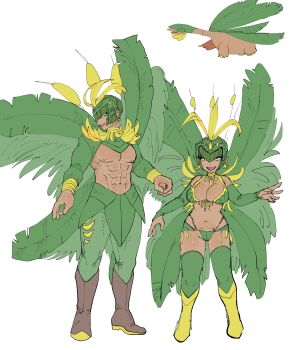 1boy 1girl :d abs absurdres banana_earrings bikini black_eyes boots breasts bridal_gauntlets cleavage commentary_request creature_and_personification dancho_no_mori dark-skinned_female dark-skinned_male dark_skin earrings feathers food-themed_earrings food_themed_earrings fruit_earrings gen_3_pokemon green_bikini green_bridal_gauntlets green_hair green_pants green_thighhighs grey_boots headpiece highres jewelry knee_boots medium_breasts navel nintendo open_mouth pants personification pokemon pokemon_(creature) short_hair simple_background smile standing swimsuit thighhighs topless_male tropius v-bangs white_background yellow_boots
