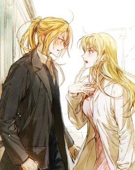 Rule 34 | 1boy, 1girl, a mongs2, ahoge, black jacket, black vest, blonde hair, blue eyes, blush, breasts, collared shirt, cowboy shot, dress, edward elric, fullmetal alchemist, furrowed brow, hair between eyes, hand on own chest, hetero, highres, jacket, long hair, looking at another, male focus, medium breasts, open mouth, parted bangs, parted lips, pink dress, ponytail, shirt, suit jacket, vest, waistcoat, white jacket, white shirt, wide-eyed, winry rockbell, yellow eyes