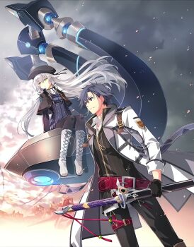 altina_orion belt black_jacket blue_hair boots cloud coat eiyuu_densetsu falcom highres holding holding_sword holding_weapon jacket knee_boots lace-up_boots non-web_source official_art pantyhose rean_schwarzer red_belt sen_no_kiseki sen_no_kiseki_(series) sen_no_kiseki_iii shirt sitting sky standing sword tagme thors_military_academy_branch_campus_uniform weapon white_boots white_coat white_hair white_shirt