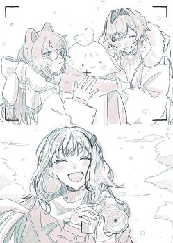 3girls :d ^_^ ange_katrina animal animal_ears animal_on_head bird bird_on_head blush breath camera character_snowman closed_eyes coat commentary dog_ears facing_viewer glasses grin hair_intakes hair_ornament hands_up highres holding holding_camera inui_toko lize_helesta long_hair looking_at_viewer medium_hair monochrome multiple_girls nijisanji on_head open_mouth ritowani sanbaka_(nijisanji) scarf sebastian_piyodore smile snowing snowman symbol-only_commentary turtleneck viewfinder virtual_youtuber winter_clothes winter_coat