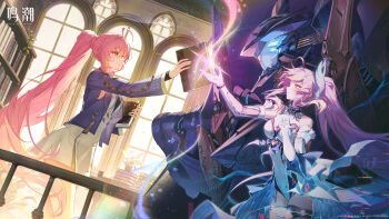 Rule 34 | 1girl, absurdres, aemeath (wuthering waves), ahoge, bare shoulders, book, breasts, chinese commentary, closed mouth, commentary request, dress, elbow gloves, exostrider (wuthering waves), glitch, gloves, highres, holding, holding book, incredibly absurdres, jacket, leotard, logo, long hair, long sleeves, mecha, medium breasts, official art, orange eyes, pink hair, ponytail, purple jacket, robot, split theme, thighhighs, thighs, white dress, white gloves, white leotard, wuthering waves