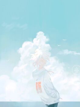 1boy ahoge alternate_costume bird black_pants blue_sky cloud colored_tips commentary danganronpa_(series) danganronpa_2:_goodbye_despair day english_commentary from_side hand_in_pocket hood hood_down hoodie komaeda_nagito loika long_sleeves male_focus messy_hair multicolored_hair outdoors pants red_hair short_hair simple_bird sky solo watermark white_bird white_hair white_hoodie