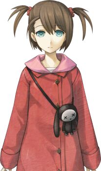 1girl aqua_eyes brown_hair buttons child coat expressionless game_cg hair_ornament huke non-web_source official_art red_coat ringed_eyes science_adventure shirt short_twintails solo sprite steins;gate steins;gate_0 stuffed_animal stuffed_toy tennouji_nae transparent_background twintails two_side_up white_shirt winter_clothes winter_coat