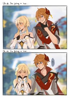 1boy 1girl ? bare_shoulders blue_eyes blurry blurry_background blush colored_eyelashes detached_sleeves dress earrings english_text flower genshin_impact grey_jacket grin hair_between_eyes hair_flower hair_ornament hands_on_own_cheeks hands_on_own_chest hands_on_own_face highres jacket jewelry lily_(flower) lumine_(genshin_impact) mask mask_on_head one_eye_closed orange_hair parted_lips red_scarf scarf sequential short_hair short_hair_with_long_locks sidelocks single_earring sleeveless sleeveless_dress smile sparkle tartaglia_(genshin_impact) upper_body vambraces vanekairi white_dress white_flower white_sleeves yellow_eyes