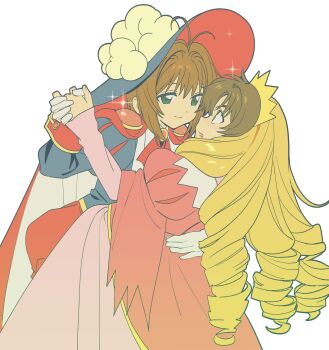 Rule 34 | 1boy, 1girl, betti (xx betti), blonde hair, blue hat, brown eyes, brown hair, cardcaptor sakura, crossdressing, crossdressing (ftm), crossdressing (mtf), eye contact, gloves, green eyes, hair visible through wig, hat, hetero, highres, holding hands, kinomoto sakura, kinomoto sakura (sakura prince), li syaoran, li syaoran (princess costume), light blush, long hair, looking at another, official alternate costume, open mouth, prince, princess, short hair, simple background, smile, sweat, white background, white gloves