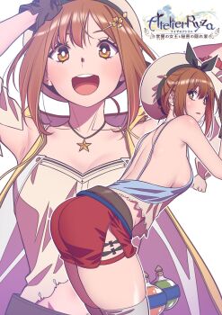 1girl andrian_januar_adilia arm_behind_head armpits ass atelier_(series) atelier_ryza atelier_ryza_1 back backboob belt beret black_bow blush bow breasts bright_pupils brown_belt brown_eyes brown_gloves brown_hair cleavage collarbone commentary copyright_name curvy english_commentary from_side gloves hair_ornament hairclip hands_up hat hat_bow highres jewelry leaning_forward looking_at_viewer medium_breasts multiple_views necklace no_detached_sleeves no_jacket open_mouth outline parted_lips potion red_shorts reisalin_stout shadow shirt short_hair short_shorts shorts sideboob sidelocks simple_background single_glove star_(symbol) star_necklace teeth thighhighs thighs upper_body upper_teeth_only white_background white_hat white_outline white_pupils white_shirt white_thighhighs