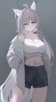 1girl absurdres ahoge alternate_costume animal_ear_fluff animal_ears black_halo black_shorts blue_archive blue_eyes blush breasts broken_halo cleavage closed_mouth collarbone commentary_request cowboy_shot crop_top dark_halo denim denim_shorts extra_ears grey_background grey_hair halo hand_in_pocket highres jacket large_breasts long_hair long_sleeves looking_at_viewer midriff mismatched_pupils navel open_clothes open_jacket shiroko_terror_(blue_archive) short_shorts shorts simple_background single_bare_shoulder single_off_shoulder solo springrain_06 stomach tank_top very_long_hair white_tank_top wolf_ears