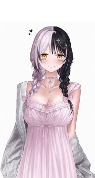 Rule 34 | 1girl, black hair, bow, braid, breasts, cleavage, closed mouth, coat, empire waist, frilled nightgown, grey coat, grey hair, hair bow, hair ornament, hashtag-only commentary, heart, highres, hololive, hololive english, jewelry, large breasts, light blush, long hair, looking at viewer, low twin braids, multicolored hair, necklace, nightgown, official alternate costume, official alternate hairstyle, pink bow, pink nightgown, shiori novella, shiori novella (sleepwear), simple background, single off shoulder, sleepwear, solo, split-color hair, star (symbol), star hair ornament, star necklace, twin braids, two-tone hair, unmeidesu, upper body, virtual youtuber, white background, yellow eyes