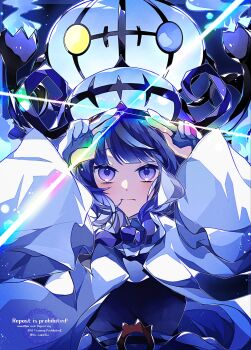 1girl black_dress black_hair blue_eyes blue_gloves blunt_bangs blush bob_cut chandelier chandelure closed_mouth coat crown dress fire gen_5_pokemon gloves glowing gradient_hair gwynn_(pokemon) hat heterochromia highres long_sleeves looking_at_viewer mega_chandelure mega_pokemon mismatched_eyes multicolored_hair nintendo open_clothes open_coat partially_fingerless_gloves pokemon pokemon_(creature) pokemon_legends:_z-a purple_eyes purple_fire purple_hair short_hair to_camellia upper_body white_coat yellow_eyes
