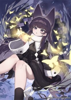 1girl animal_ears black_coat blush bug butterfly cat_ears cat_girl character_request coat commentary_request copyright_notice highres insect long_hair looking_at_viewer purple_eyes purple_hair sidelocks solo very_long_hair wagashi928 wixoss