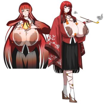 1girl absurdres amx1375 ankle_strap areola_slip bags_under_eyes bed bell black_eyes black_hair black_skirt blunt_bangs breasts breasts_out choker claw_(weapon) dark_areolae dark_nipples fire geta gigantic_breasts gloves gradient_hair highres huge_areolae huge_breasts huge_nipples japanese_clothes jingle_bell kimono long_hair magic makeup mole mole_on_breast mole_under_eye mole_under_mouth multicolored_hair nipple_slip nipples no_bra ofuda open_clothes open_kimono original parted_lips puffy_areolae puffy_nipples red_gloves red_hair red_kimono red_nails runny_makeup shibari shibari_under_clothes shiny_skin sidelocks skindentation skirt smoking smoking_pipe socks solo tabi weapon