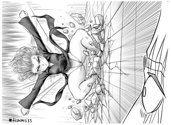 1boy 1girl anger_vein artist_name closed_mouth debris destruction dress frontal_wedgie greyscale highleg highleg_panties king_(one-punch_man) meganerid mixed-language_commentary monochrome on_wall one-punch_man outstretched_arms panties scar scar_on_face scene_reference short_hair tatsumaki underwear wedgie wide-eyed