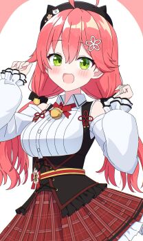 1girl :d absurdres ahoge bare_shoulders black_corset black_hat blush collared_shirt commentary_request corset cowboy_shot detached_sleeves dot_nose frilled_skirt frills green_eyes hair_ornament hat highres hololive kaie long_hair long_sleeves looking_at_viewer low_twintails open_mouth pink_hair plaid_clothes plaid_skirt pleated_skirt red_skirt sakura_miko shirt simple_background skirt sleeveless sleeveless_shirt smile solo twintails virtual_youtuber white_background white_shirt white_sleeves