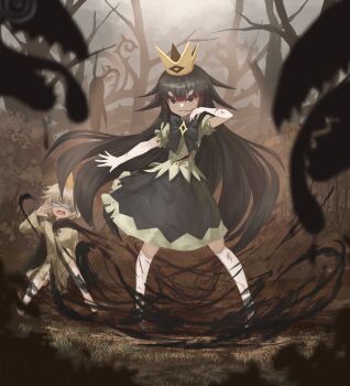 Rule 34 | 1boy, 1girl, bandages, bandages over eyes, black hair, blind prince, blindfold, blonde hair, blood, blurry, blurry foreground, bow, commentary request, crown, dress, highres, liar princess, long hair, monster, outdoors, partial commentary, scar, tom-neko (zamudo akiyuki), usotsuki hime to moumoku ouji, very long hair